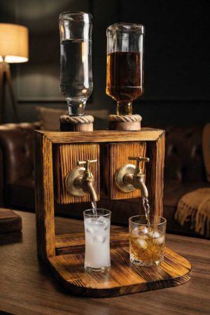 Doğal Ahşap Çift Musluklu Sunum Çeşmesi - Dekoratif Su ve İçecek Dispenseri (Haznesiz Tasarım)