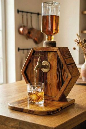 Doğal Ahşap Musluklu İçecek Standı - Altıgen İçecek Çeşmesi Dekoratif Hediye Dispenser