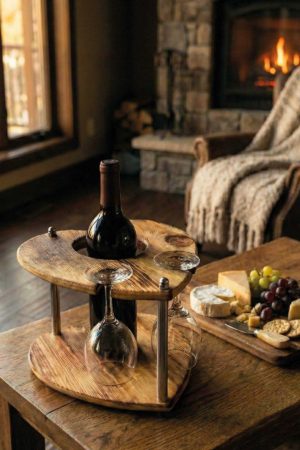 Doğal Ahşap Kalpli Şişe ve Kadeh Standı - 2 Kişilik Romantik Sunum Ünitesi (Yıldönümü ve Ev Hediyesi)