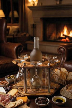 Doğal Ahşap 6'lı Kadeh ve Şişe Sunum Standı - Altıgen Tasarım Rustik Dekoratif Ünite (Şaraplık)