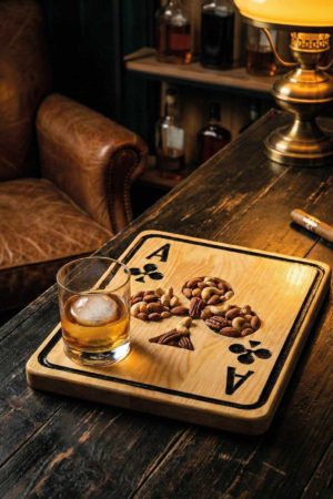 Doğal Ahşap Sinek As Sunum Tabağı - Siyah Yonca Desenli İskambil Konsept Sunum Tahtası